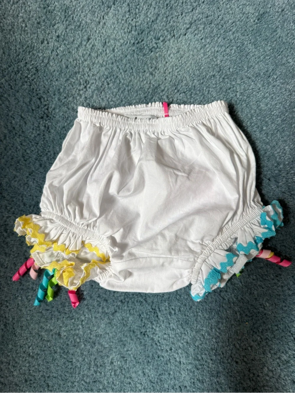 Mud Pie White Diaper Cover with Pink, Aqua & Yellow Accents 12-18 months